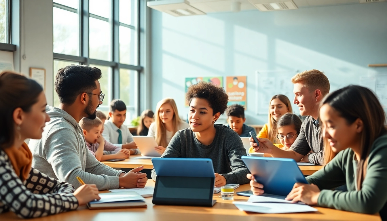Education scene in a modern classroom, showcasing collaborative learning and innovative tools.