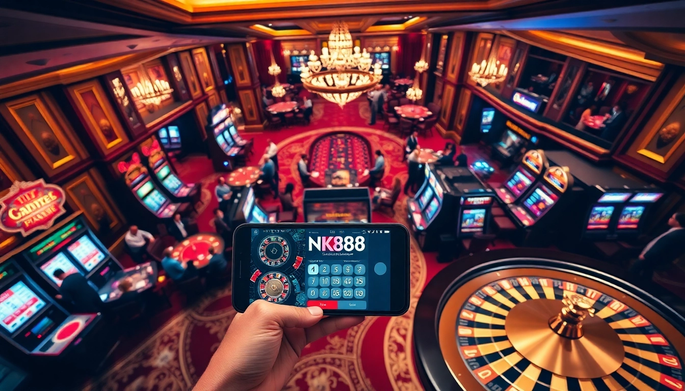 Exciting gambling experience at NK88 casino with players enjoying poker and jackpot machines.