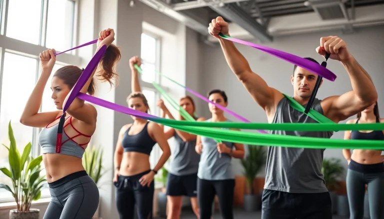 Fitness enthusiasts using pull-up assist bands in a vibrant gym setting.