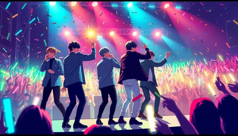 BTS members performing live on stage, showcasing the latest bts news with vibrant lights and energetic crowd.