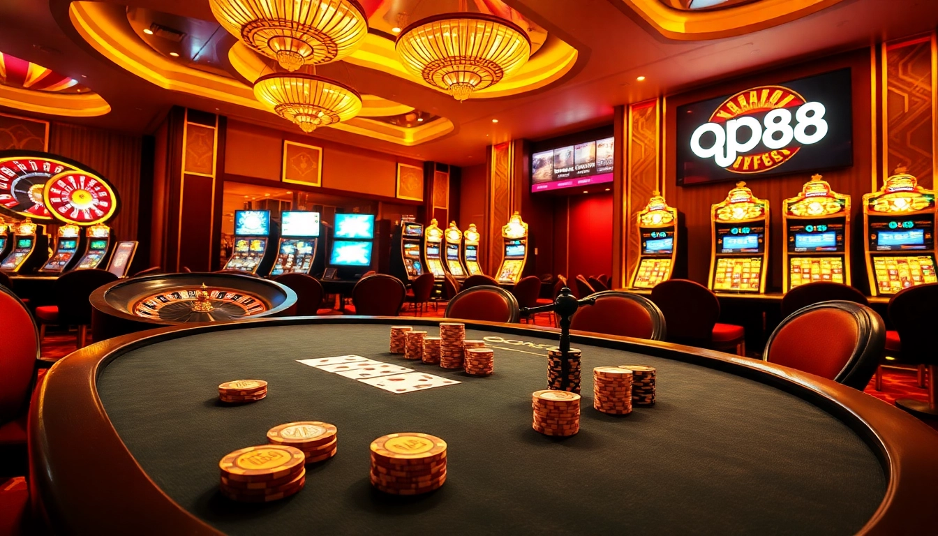 Action-packed poker table scene featuring QQ88 casino elements and vibrant ambiance.