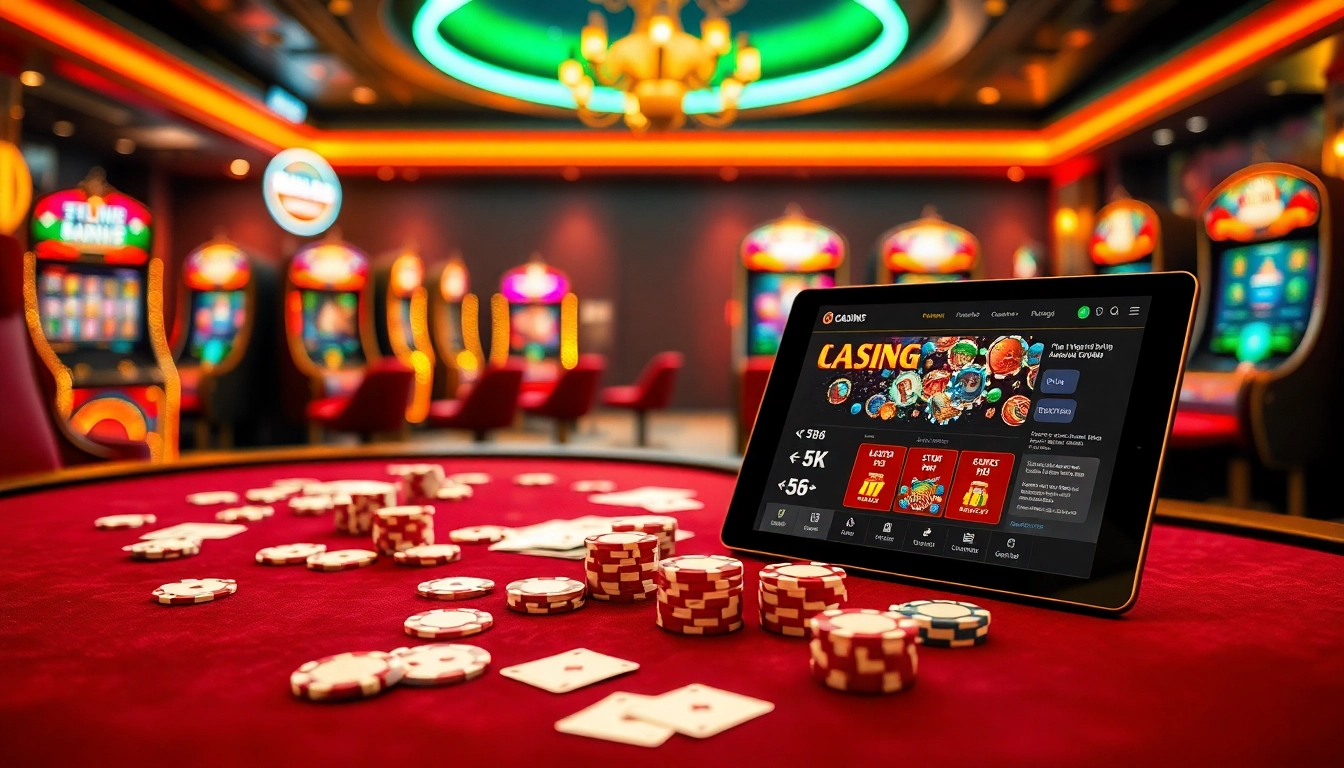 Situs Deposit 5k ditampilkan dalam adegan kasino yang penuh warna dengan chip poker, kartu, dan mesin slot.
