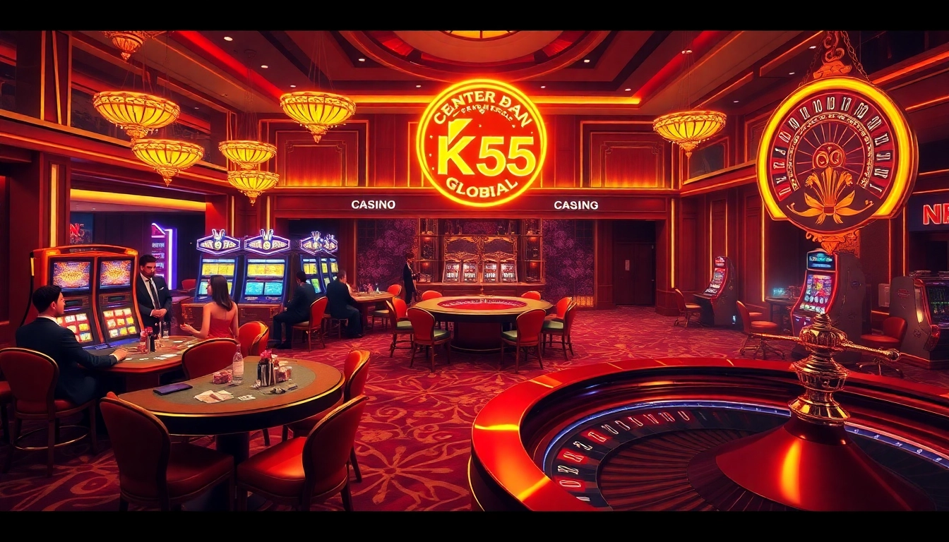 A dynamic casino scene showcasing players at tables and slot machines inspired by https://kk55.global/