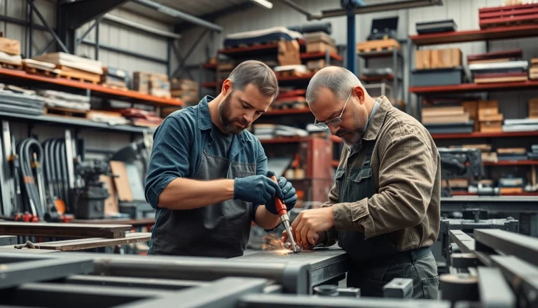 Craftsmen in a steel fabrication shop expertly shaping metal components, showcasing skilled craftsmanship.