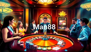 Experience thrilling gameplay at Man88 with vibrant casino tables and professional dealers.