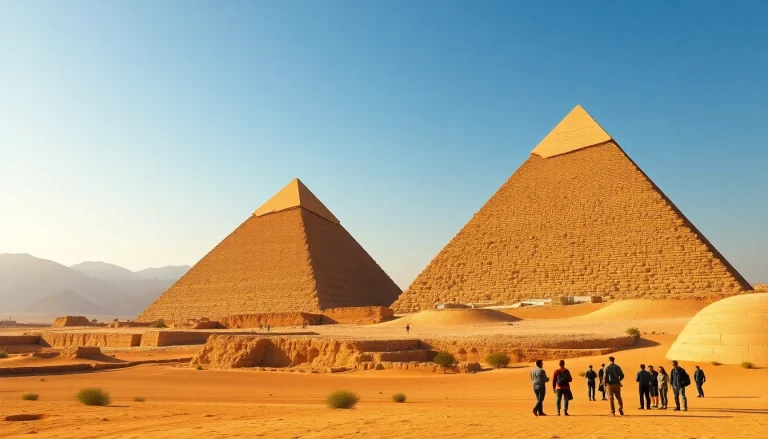Visitors admiring the majestic piraminds of Giza under a clear sky.