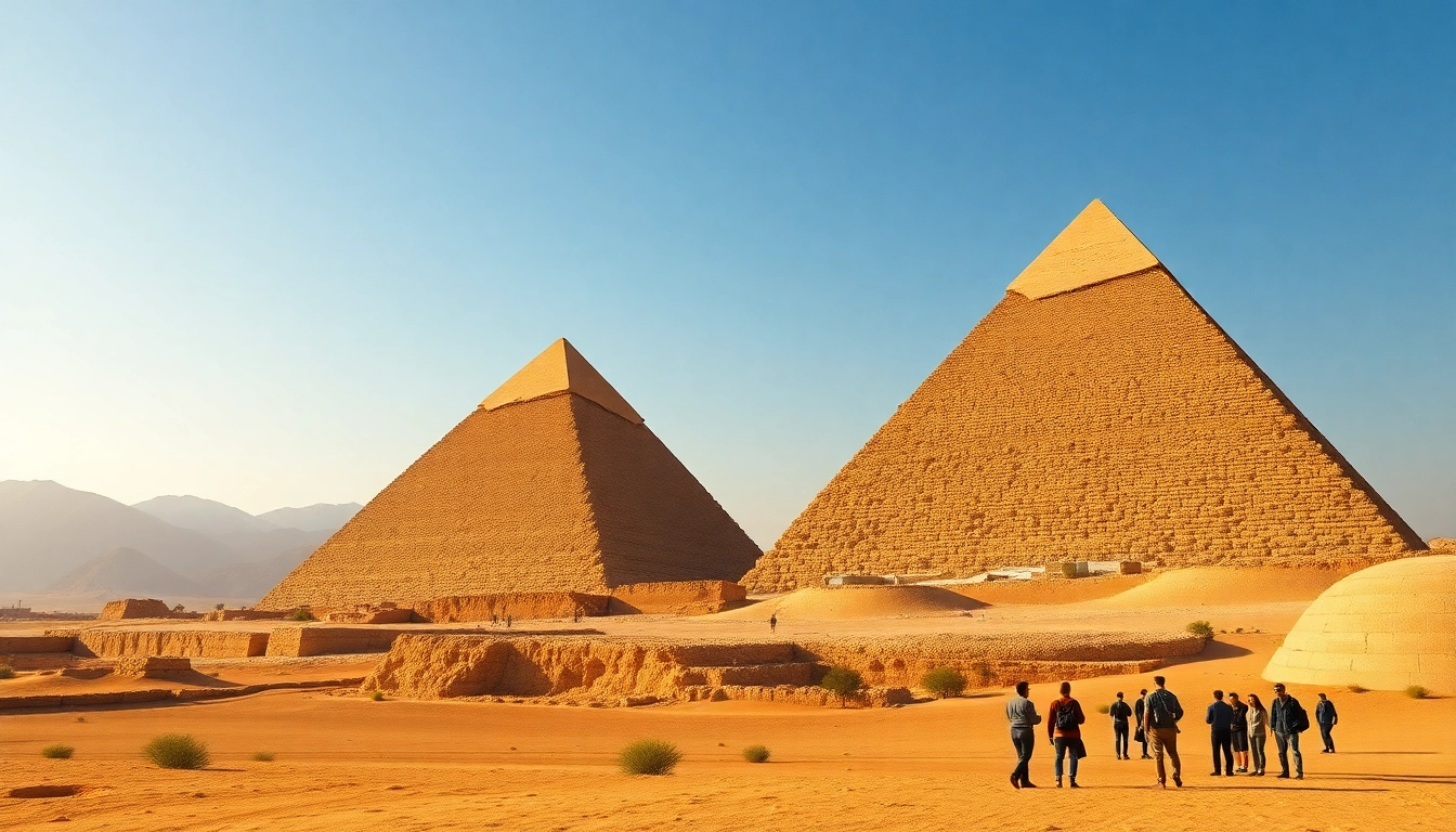 Visitors admiring the majestic piraminds of Giza under a clear sky.