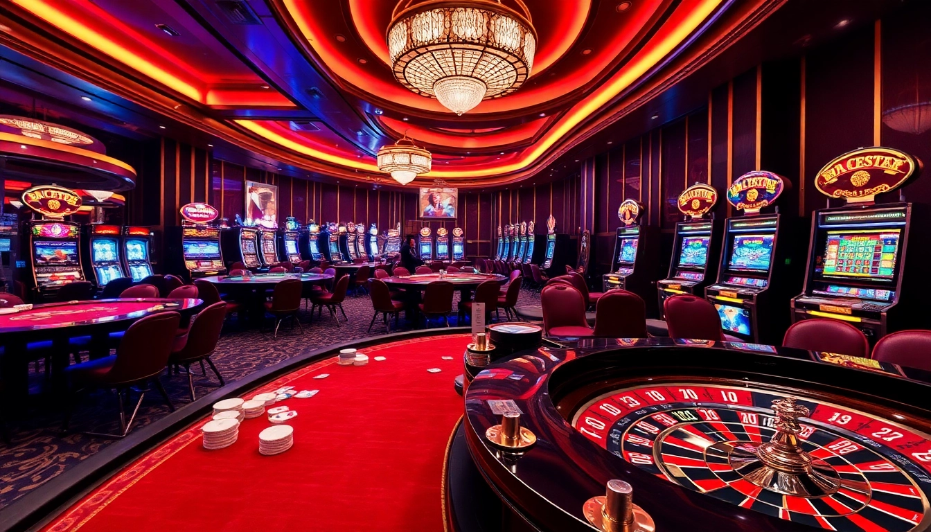 Exciting gaming action at dom88.us.com with vibrant poker tables and shooting slot machines.