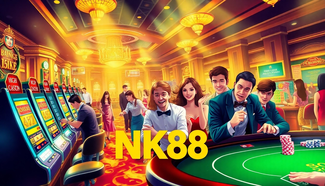 Gamblers enjoying the excitement of NK88 in a luxurious casino setting with roulette and poker tables.