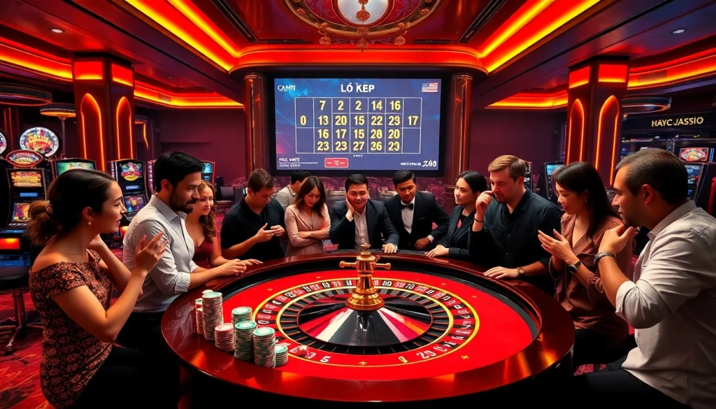 Excited players exploring lô kép strategies at a luxurious casino roulette table.
