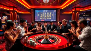 Excited players exploring lô kép strategies at a luxurious casino roulette table.