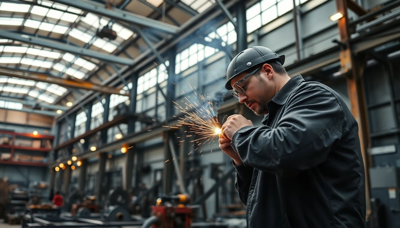 Artisan at work in a steel fabrication shop, showcasing craftsmanship and precision with metal parts.