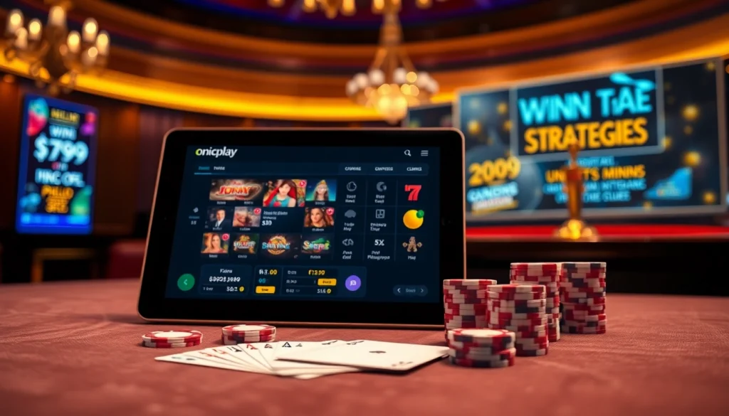 Experience thrilling gameplay on Onicplay with a vibrant online casino scene featuring poker chips and a roulette wheel.