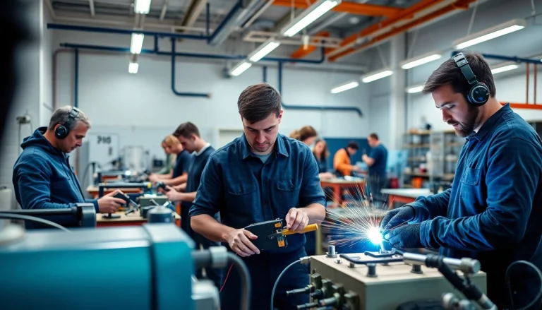 Trade School In Tennessee students actively learning hands-on skills in a modern workshop environment.