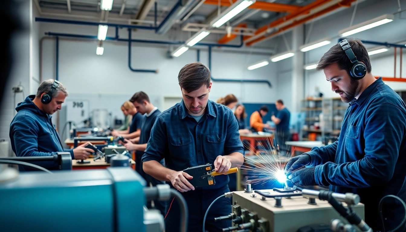 Trade School In Tennessee students actively learning hands-on skills in a modern workshop environment.