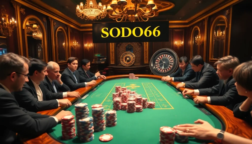 SODO66 casino scene with a high-stakes poker table and colorful chips in play.