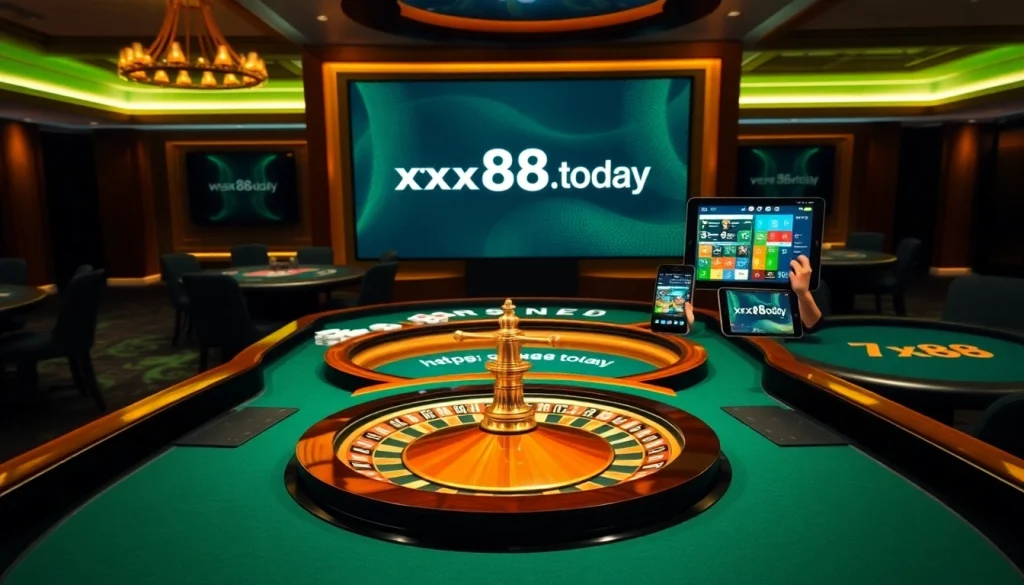 An exciting gaming scene at https://xx88.today/ featuring a roulette wheel and online gambling interface for players.