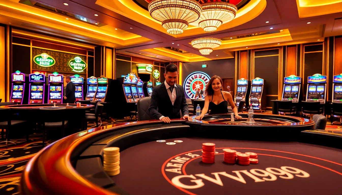 Exciting gambling scene at GAVIP999 casino with poker and roulette tables showcasing thrilling gameplay.