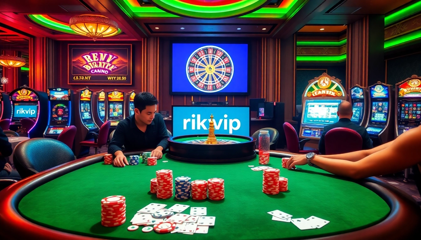 A dynamic poker scene at a luxurious casino featuring the online gaming portal rikvip.gb.net with thrilling action and vibrant decor.