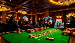 Players engaging in high-stakes poker at THABET casino with vibrant slot machines.