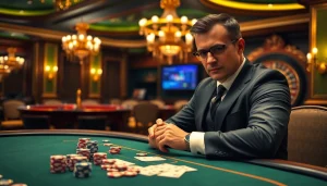 The hidden wiki 2026 showcases an elegant poker table with a confident gambler strategizing in a luxury casino.