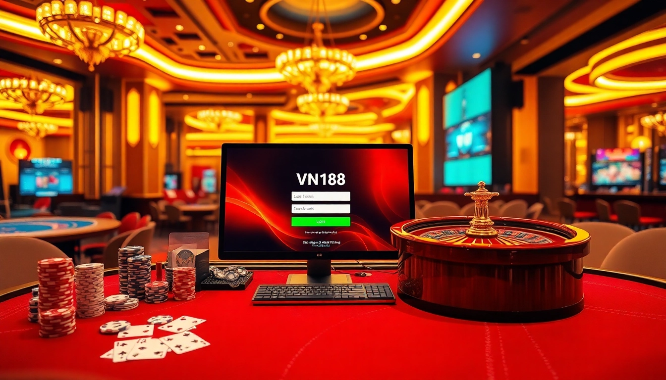 Engage with the VN168 đăng nhập login interface surrounded by casino gaming elements.