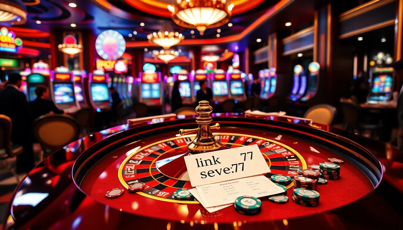 Excited players engage at a luxurious casino table featuring link seven77, vibrant colors, and elegant details.