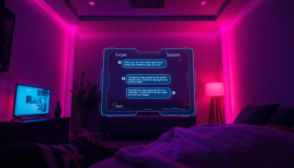 Interactive NSFW AI chatbot interface in a modern, dimly lit room with ambient lighting.