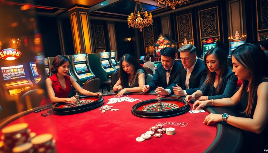 Players enjoy an exciting game at the F8bet casino table, showcasing a vibrant casino atmosphere.