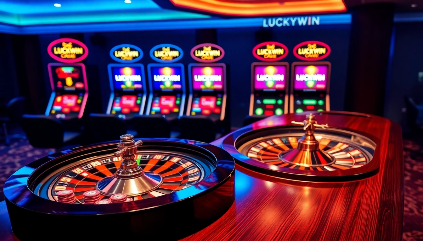 Experience the thrill of LUCKYWIN with luxurious casino gaming visuals featuring a roulette wheel and vibrant chips.
