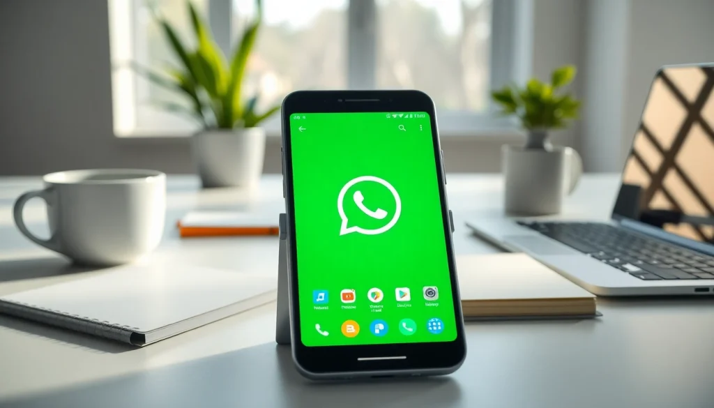 GB WhatsApp app interface displayed on a modern smartphone in a sleek workspace.