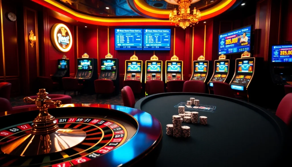Gambling excitement at https://vaoluoitv.it.com with vibrant casino visuals including roulette and poker tables.