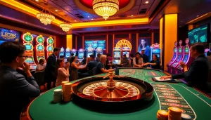 Play exciting games at LC88's luxurious casino interface featuring colorful chips and a roulette wheel.