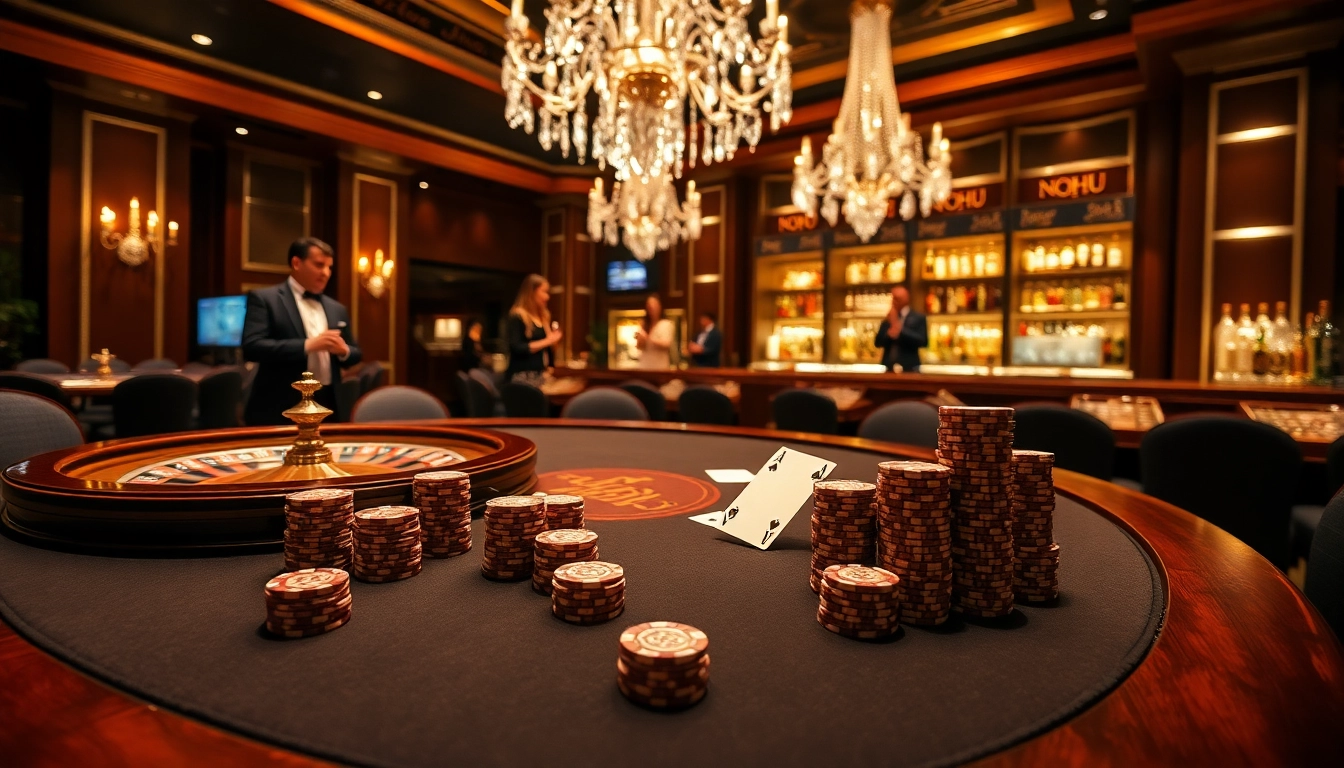 Nohu-themed casino interior showcasing excitement at poker tables with vibrant decor and lighting.