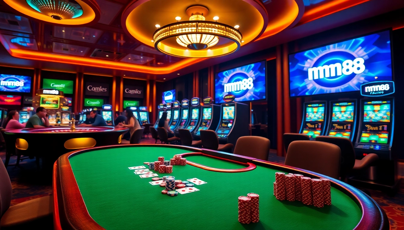 Experience the excitement of mm88 with a captivating casino scene featuring roulette, poker, and slot machines.