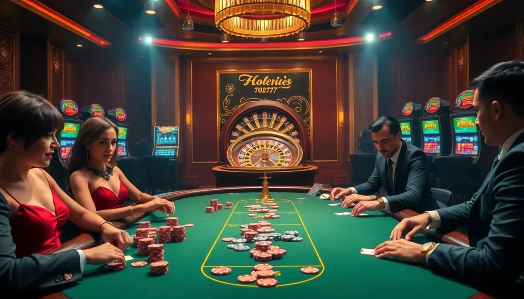 Engaging scene of players enjoying high-stakes poker at 7C77 casino with vibrant chips and cards.