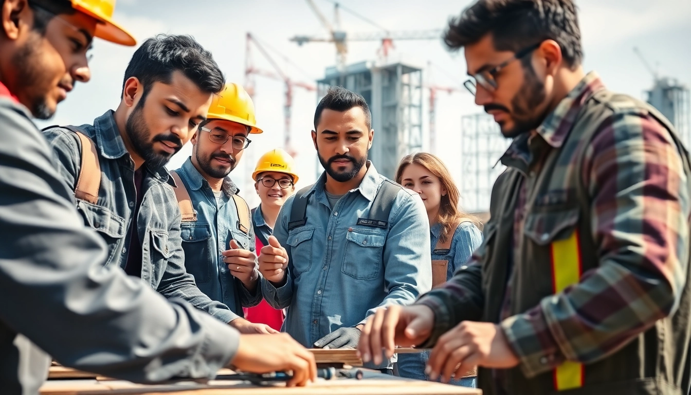 Construction apprenticeship participants actively collaborating on a job site, showcasing teamwork and skill.
