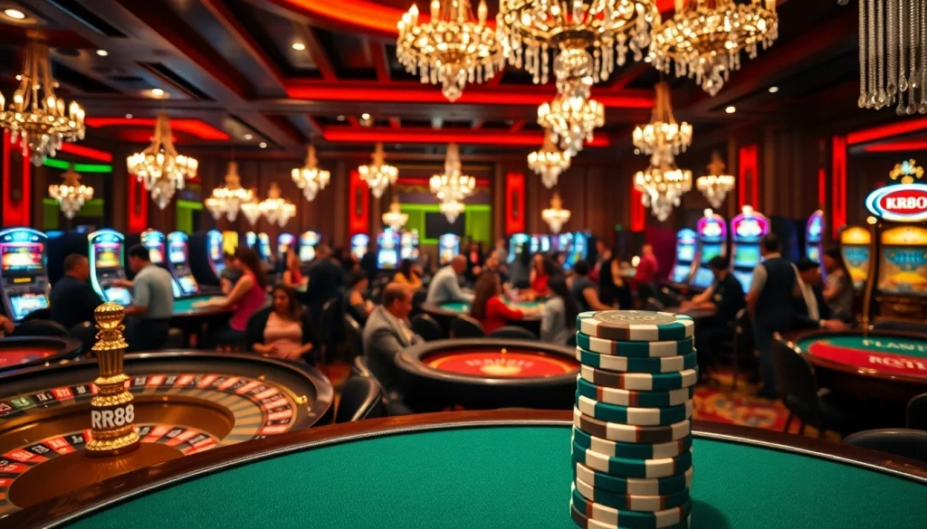 Experience the excitement of RR88 with vibrant casino gaming, featuring roulette wheels and poker tables.