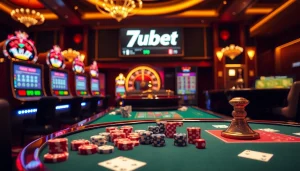 Gamblers engaging with various games at 7upbet, showcasing excitement with casino elements.