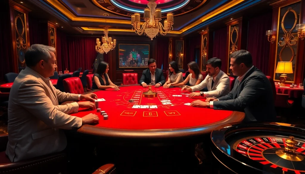 Players enjoying a winning moment at hello88's luxurious poker table in a vibrant casino.