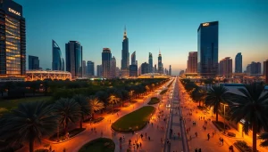 Experience the vibrant City Life Dubai through a dynamic cityscape filled with skyscrapers and greenery.