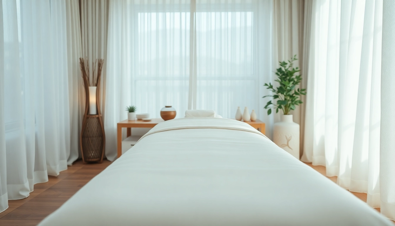 편안함과 안식을 강조하는 마사지 치료 방의 평온한 모습, 마사지 요법을 부각시킴.