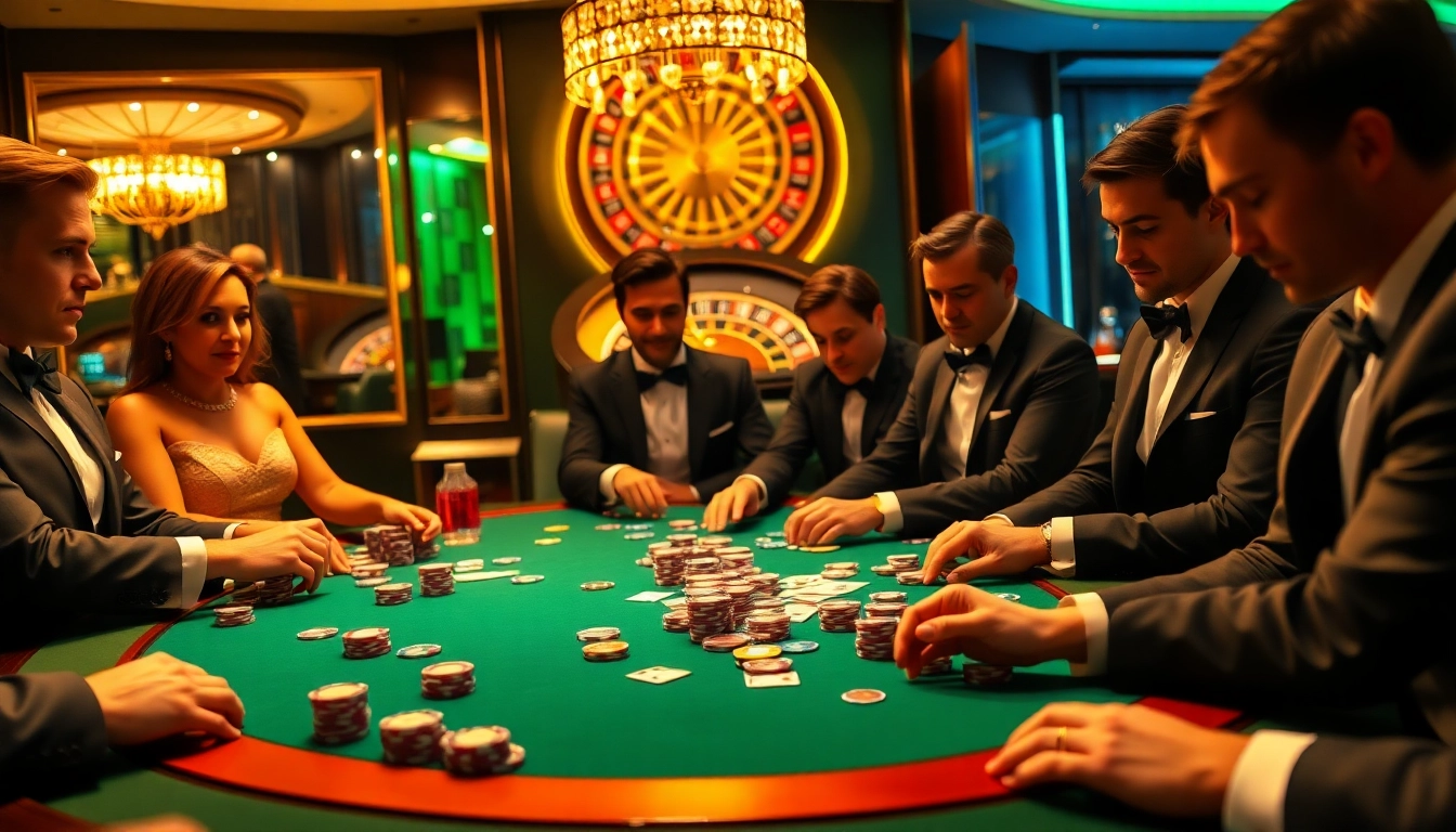 Vivez l'excitation du meilleur casino en ligne avec une table de poker vibrante et des joueurs enthousiastes.