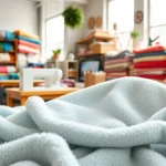 Bekijk fleece stof per meter in een creatieve werkomgeving met kleurrijke textiel stalen.