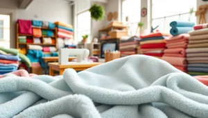 Bekijk fleece stof per meter in een creatieve werkomgeving met kleurrijke textiel stalen.