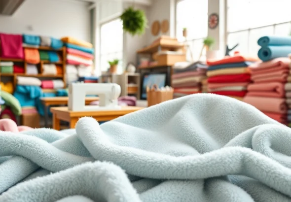 Bekijk fleece stof per meter in een creatieve werkomgeving met kleurrijke textiel stalen.