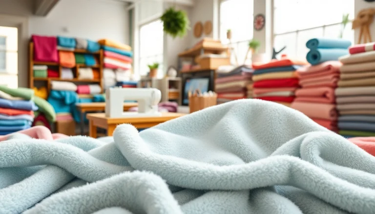 Bekijk fleece stof per meter in een creatieve werkomgeving met kleurrijke textiel stalen.