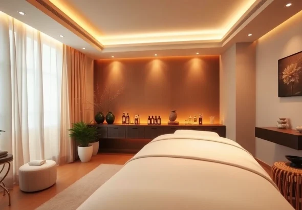 편안한 색상과 에센셜 오일이 어우러진 평화로운 치료실에서 프리미엄 인천마사지를 경험하세요.