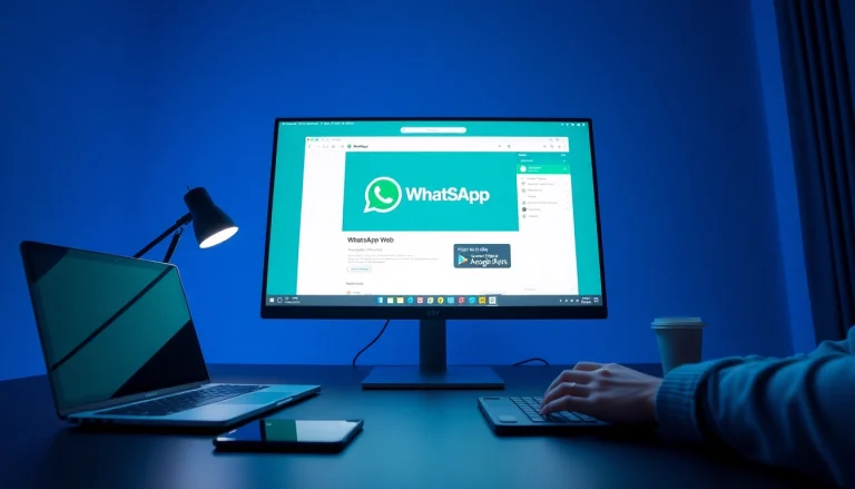 WhatsApp Web displayed on a computer screen in a modern workspace with a user typing.