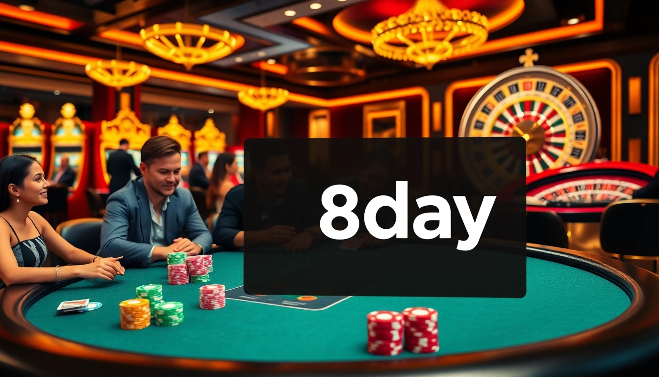 Experience vibrant online gambling action at 8day with poker players and colorful chips.